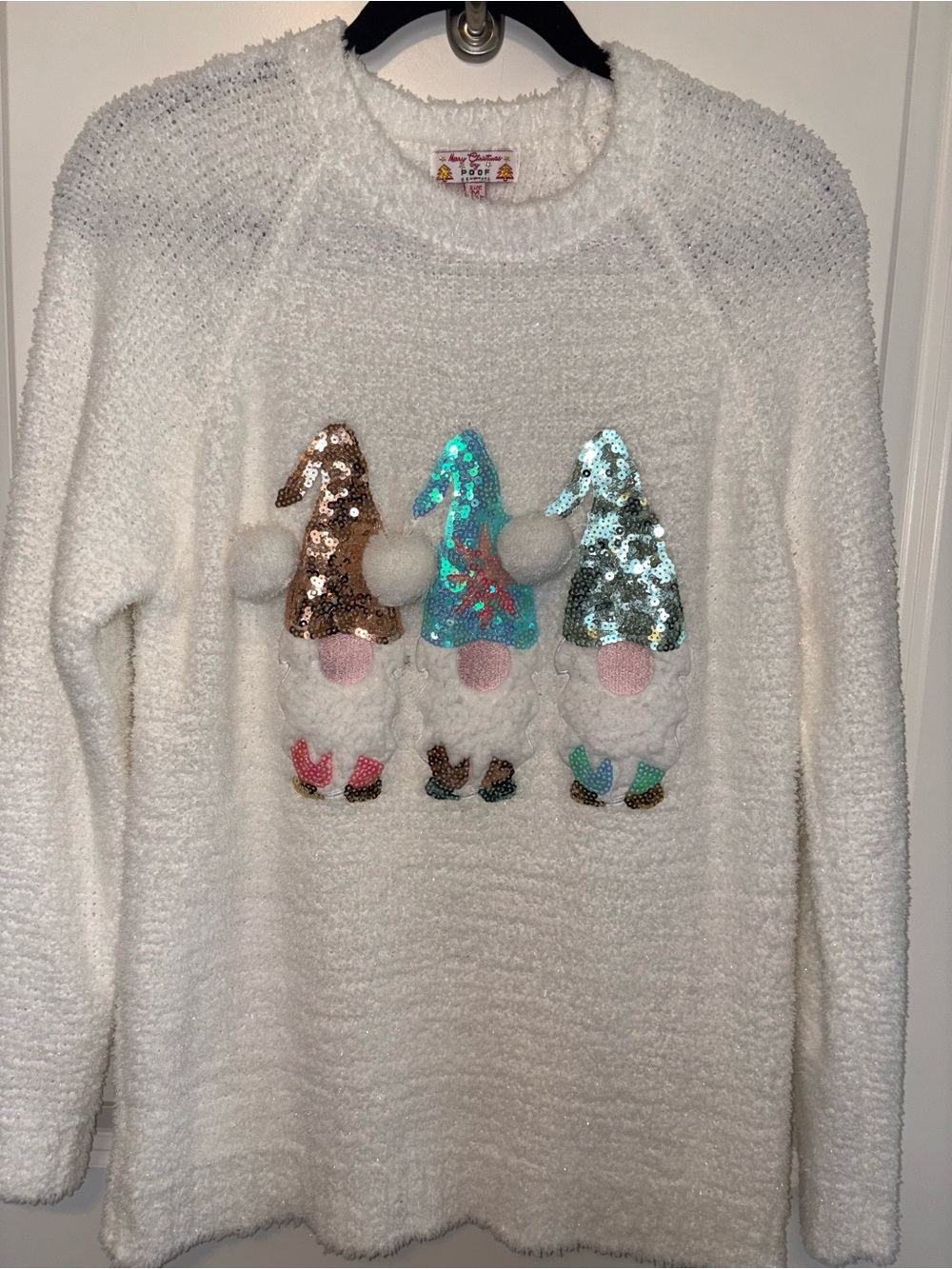 Poof! White Women's Sequin Gnome Sweater with Multi-Color Hats